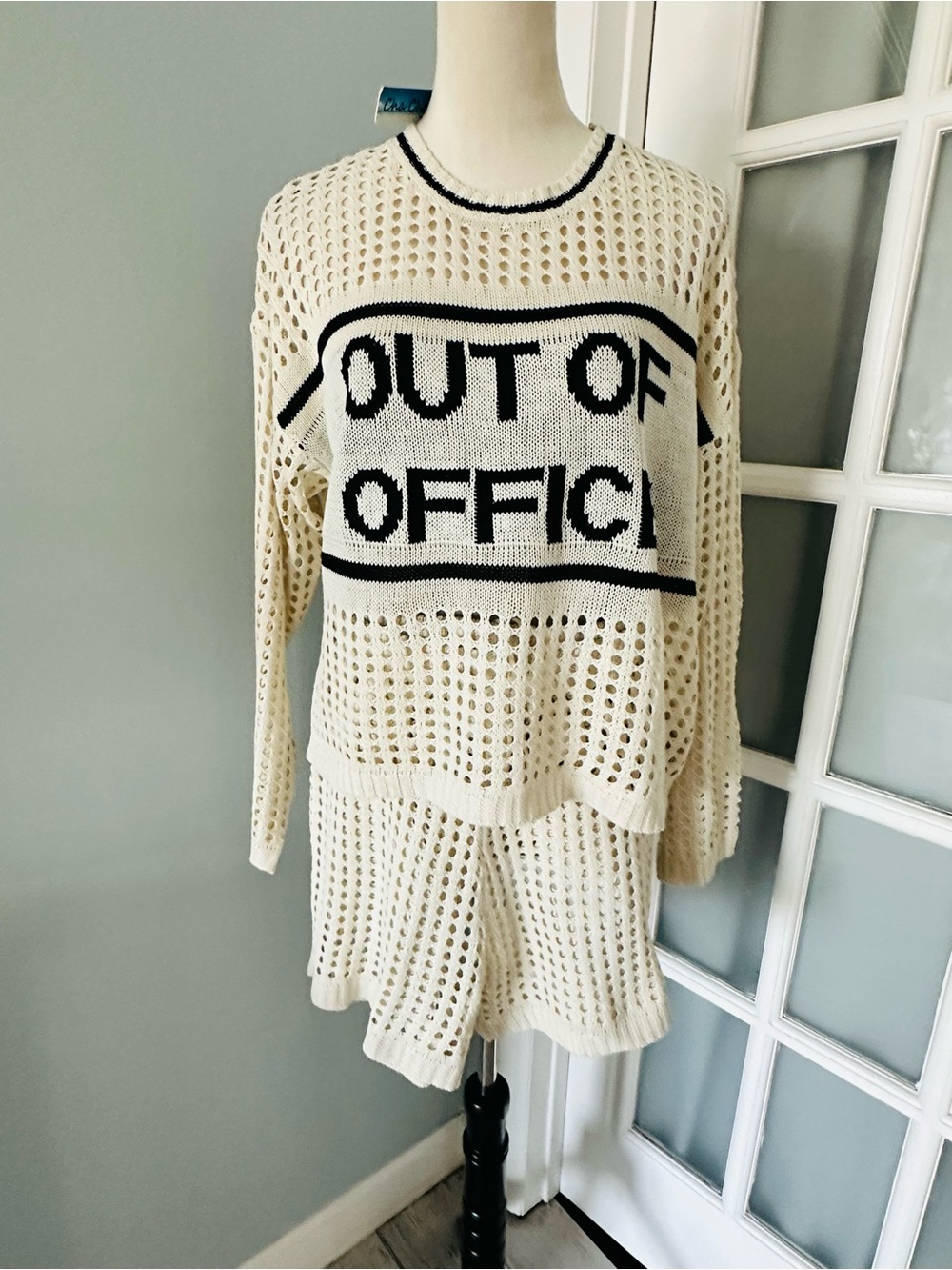 Cream 'Out of Office' Open-Knit Crewneck Sweater